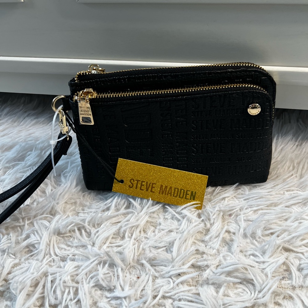 Steve Madden Black Embossed Logo Double Zip Wristlet